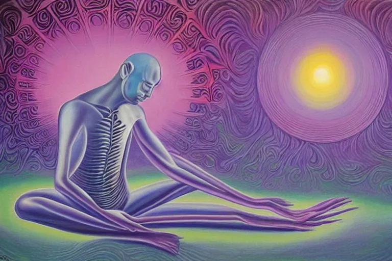 Prompt: painting of a tranquil alien meditating under a tree by alex grey, acrylic art, ethereal, soothing, somber, elegant, soft light,