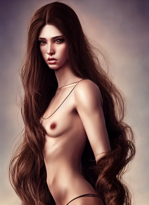 Image similar to a gorgeous female with long brown hair, photo by steven klein, realistic, full body shot, wide angle, sharp focus, 8 k high definition, insanely detailed, intricate, elegant, art by stanley lau and artgerm, floating embers