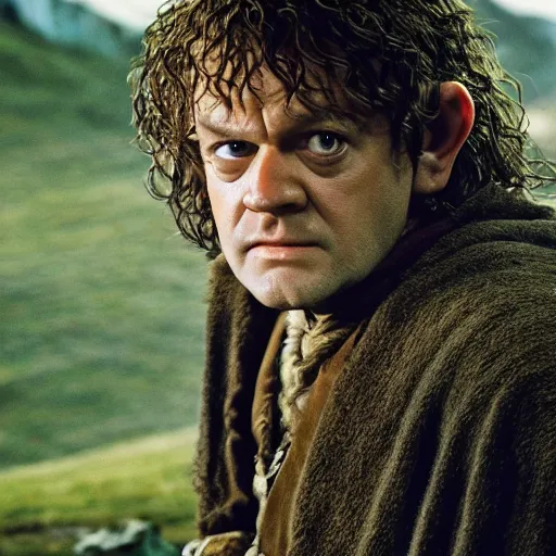 Image similar to kelsey grammar as a hobbit in lord of the rings, 4 k hd film still