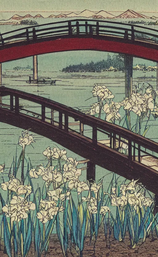 Image similar to by akio watanabe, manga art, wooden lake bridge and iris flowers, trading card front