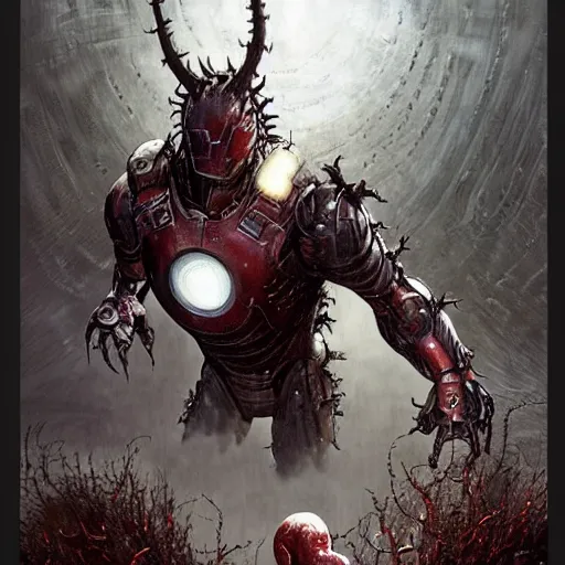 Prompt: portrait of marvels ( ironman ) hulk by hr giger, greg rutkowski, luis royo and wayne barlowe as a diablo, resident evil, dark souls, bloodborne monster, elden ring creature : : in a garden, grassy field, large field in the background