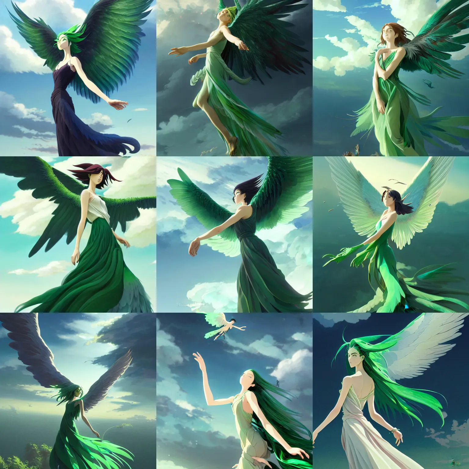 Prompt: harpy woman, green feathery hair, elegant flowing dress, detailed face, exquisite details, wings outstretched, cloudy sky background, by studio muti, greg rutkowski makoto shinkai takashi takeuchi studio ghibli