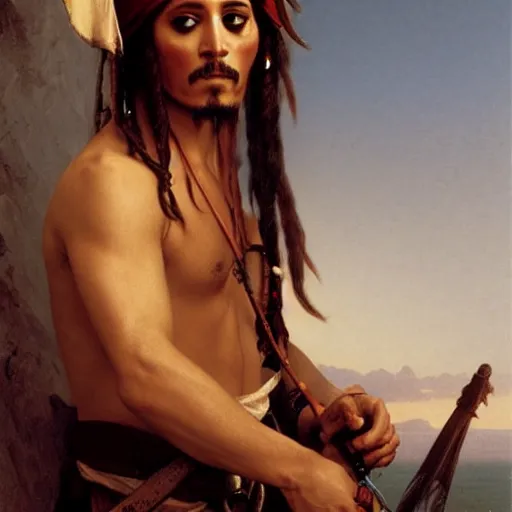 Image similar to Painting of Jack Sparrow. Art by William Adolphe Bouguereau. During golden hour. Extremely detailed. Beautiful. 4K. Award winning.