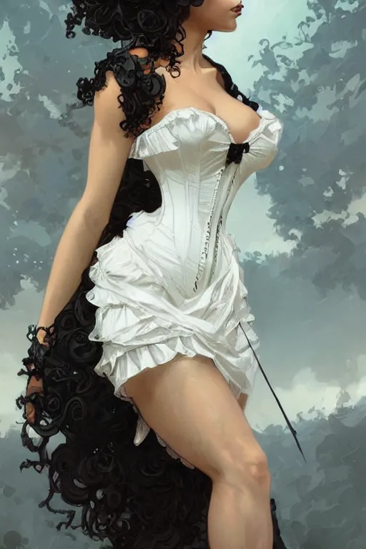 Image similar to cute black woman wearing a white corset dress, fantasy, intricate, highly detailed, digital painting, artstation, concept art, wallpaper, smooth, sharp focus, illustration, art by artgerm and greg rutkowski and alphonse mucha