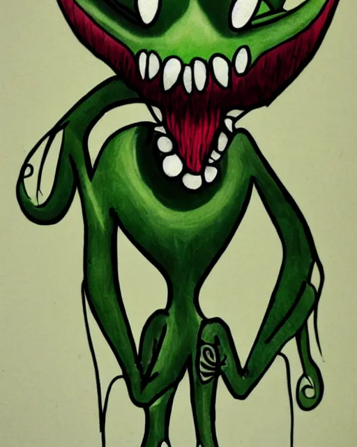 Image similar to a green devil with sad expression by tim burton