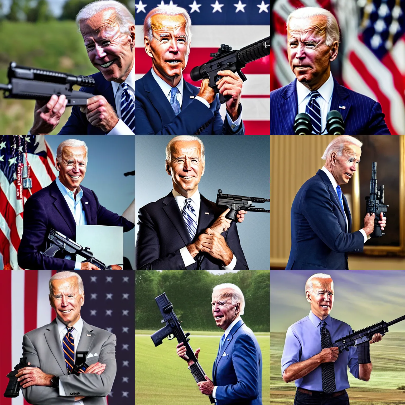 Prompt: ultra realistic photo of joe biden holding an ar - 1 5, film, perfect face, in the style of a candid photo