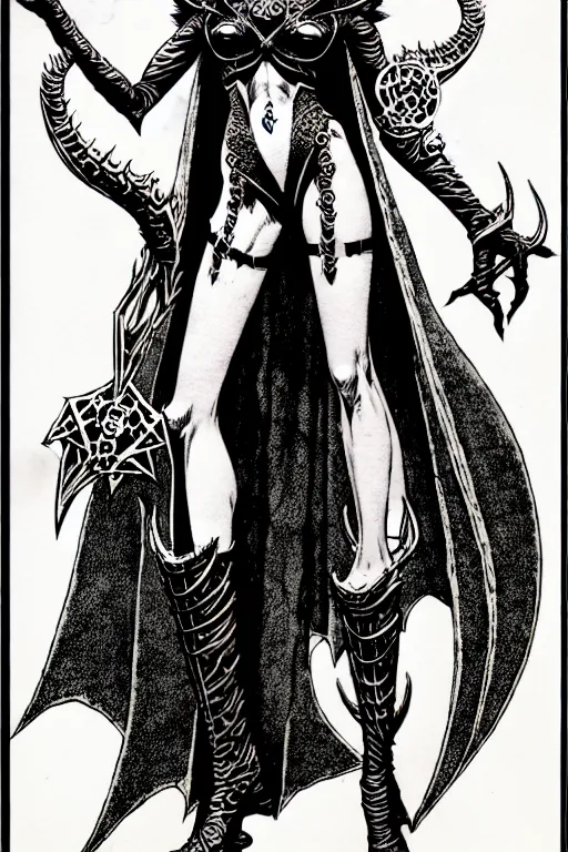 Image similar to bayonetta as a d & d monster, full body, pen - and - ink illustration, etching, by russ nicholson, david a trampier, larry elmore, 1 9 8 1, hq scan, intricate details, stylized border