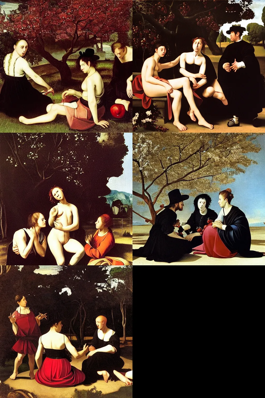 Prompt: an hd painting by caravaggio. three goths loitering in the shade, talking beneath a cherry tree outside a blockbuster video store.