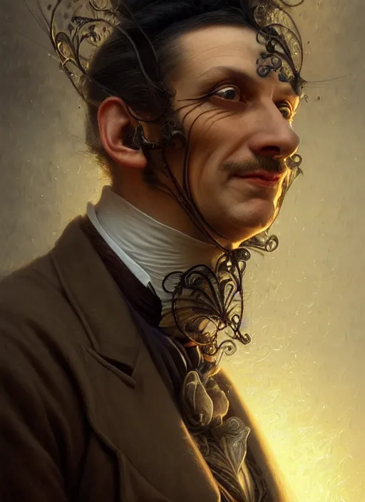 Image similar to closeup portrait shot of a victorian magician in a scenic mystery environment, intricate, elegant, highly detailed, centered, digital painting, artstation, concept art, smooth, sharp focus, illustration, artgerm, tomasz alen kopera, peter mohrbacher, donato giancola, joseph christian leyendecker, wlop, boris vallejo