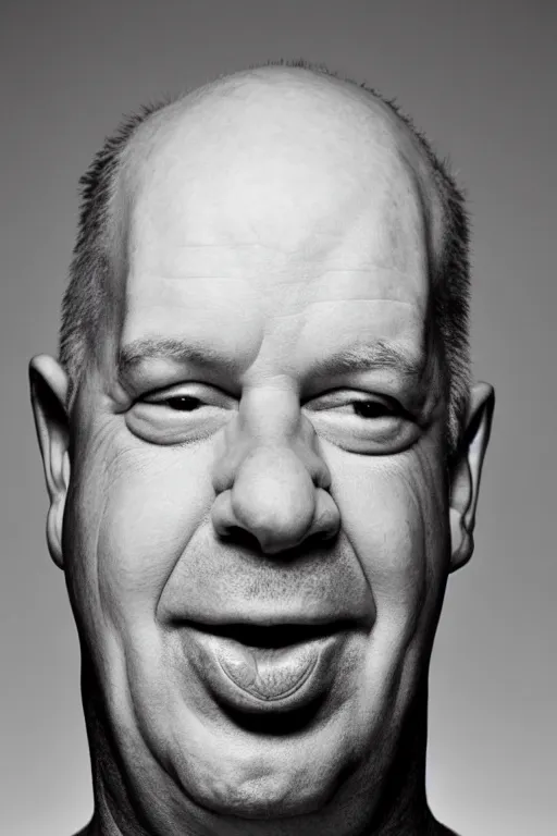 Prompt: studio portrait of man that looks excactly like homer simpson, lookalike, as if homer simpson came to life, soft light, black background, fine details, close - up, award winning photo by herb ritts