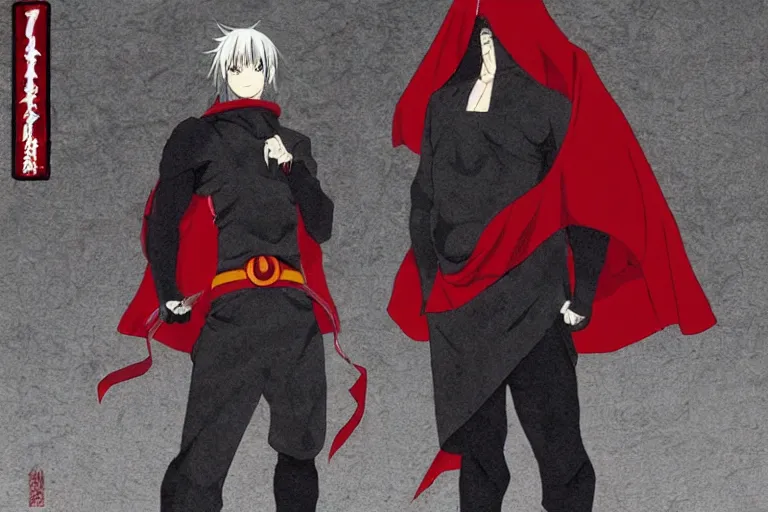 Image similar to a twin blade muscular swordsman, red and black cape and hoodie, scary, intimidating, worn out clothes, torn clothes, as a manga by Masashi Kishimoto