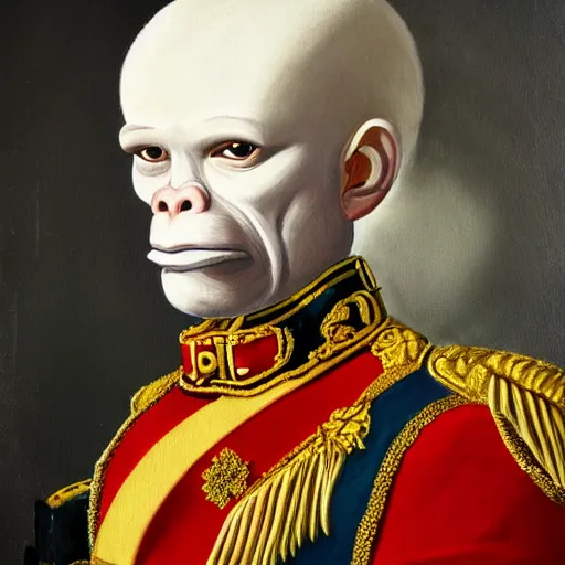 Prompt: An exquisite modern painting of an albino chimpanzee dressed like a bearded Napoleon with correct military uniform, no frames