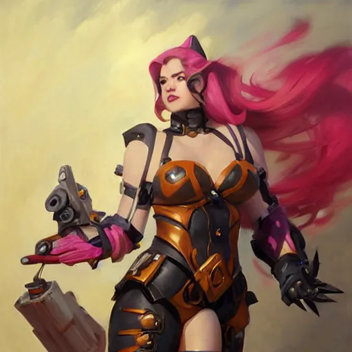 Image similar to greg manchess portrait painting of partially armored jinx from league of legends as overwatch character, medium shot, asymmetrical, profile picture, organic painting, sunny day, matte painting, bold shapes, hard edges, street art, trending on artstation, by huang guangjian, gil elvgren, ruan jia, greg rutkowski, gaston bussiere