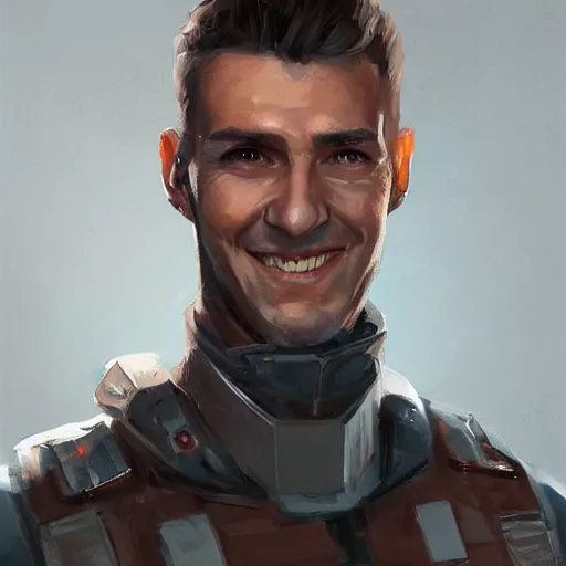 Image similar to portrait of a man by greg rutkowski, he is about 3 0 years old, mixture between german and turkish, copper quiff hair, uncanny smile, very tall and slender, he is wearing a futuristic police gear, highly detailed portrait, digital painting, artstation, concept art, smooth, sharp foccus ilustration, artstation hq