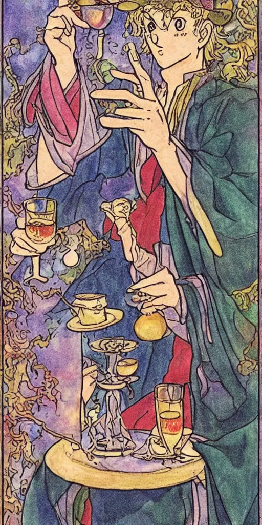 Prompt: a mystical man with a goblet on the table, wizard hat, drawn by Naoko Takeuchi, impressive line work, tarot card. tarot card the magician,