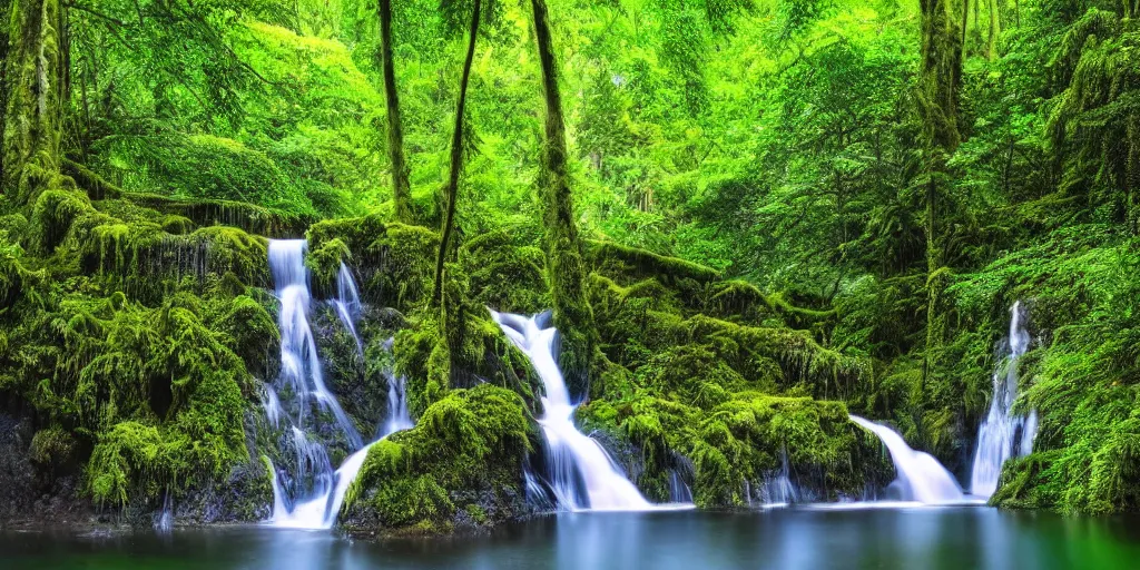 Image similar to beautiful stunning calm rainforest landscape with lake and waterfall, filmic color, 4k hdr, digital art