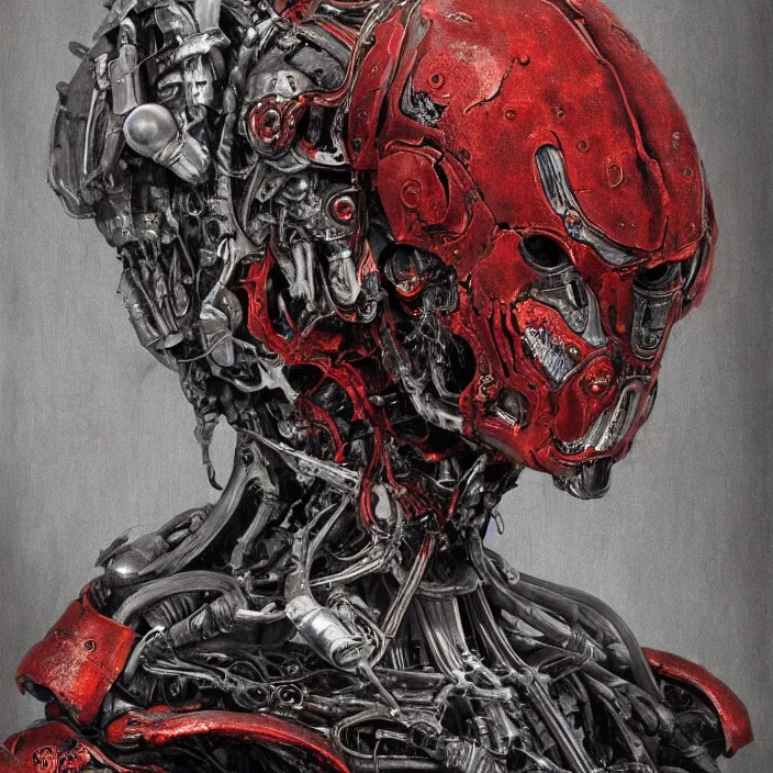 Prompt: in the art style of H.R. Giger a portrait of an evil, demented battle-damaged ruby Ultron from Age of Ultron, clockwork steampunk, head and chest only, by Beksinski, 4k, deviantart, trending on artstation, bio-chemical, bionic, fiber-optics, wires, electrical, short circuit, robocop, terminator, t-800, endoskeleton, steampunk