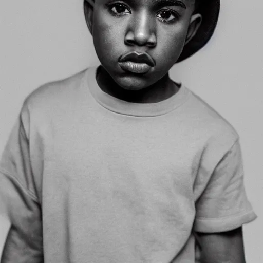 Image similar to the face of young kanye west wearing yeezy clothing at 1 3. 5 years old, black and white portrait by julia cameron, chiaroscuro lighting, shallow depth of field, 8 0 mm, f 1. 8