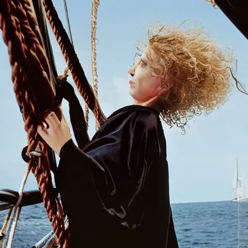 Image similar to a woman throwing up, a beautiful english woman with a long face narrow nose pale skin blue eyes red lips and wild messy tangles of curly white blonde hair leaning over the side of a sailing ship and throwing up, high resolution film still wearing a black robe and skull necklace and holding a spear, sandy, a journey to the west