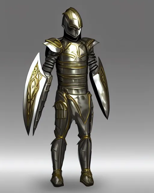 Prompt: suit of fantasy armor, shiny silver armor with gold trim, clean, flat shading, deviantart