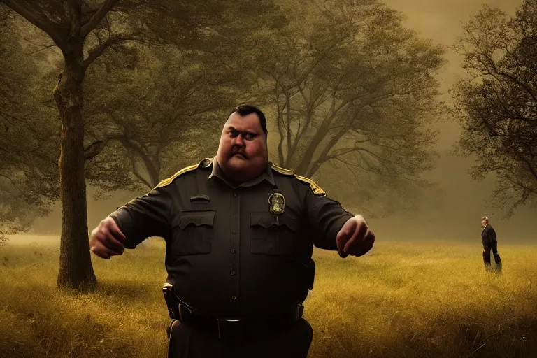 Prompt: an ultra realistic, cinematic, headshot portrait, of a fat policeman, branches, facial features, background of a vast serene landscape, with trees and rivers, detailed, deep focus, movie still, dramatic lighting, ray tracing, by michal karcz and yoshitaka amano