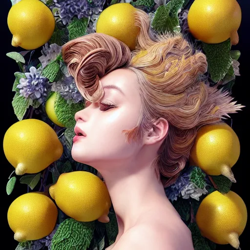 Image similar to the portrait of an absurdly beautiful, graceful, elegant, sophisticated, young idol made up of lemons, an ultrafine hyperdetailed illustration by kim jung gi, irakli nadar, intricate linework, bright colors, octopath traveler, final fantasy, unreal engine 5 highly rendered, global illumination, radiant light, detailed and intricate environment