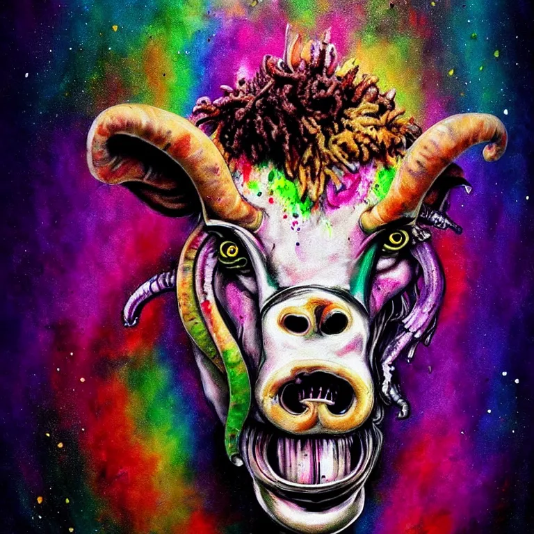 Prompt: cute xenomorph, cow head, lion mane, pig nose, sheep horns, splatter paint, desaturated rainbow color palette, symmetrical, golden ratio, rule of thirds, full front portrait
