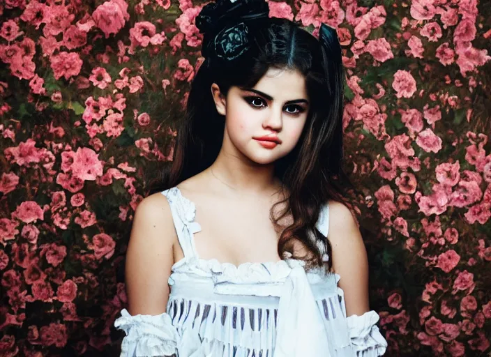 Image similar to closeup portrait of selena gomez wearing adorable victorian gothic lolita fashion, portra 4 0 0 candid photograph portrait by annie leibovitz, 3 5 mm macro shot, f / 3 2, hyperrealistic, cinematic lighting, hd wallpaper, 8 k, 4 k