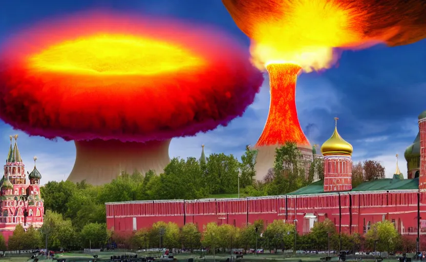 Image similar to ultra realistic shot of a big nuclear explosion with realistic nuclear mushroom in Red Square Kremlin, 8k