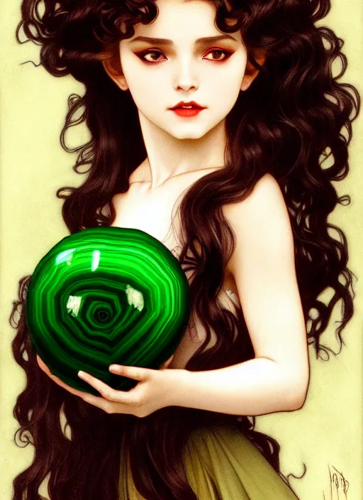 Image similar to young vampire girl, goddess of green velvety malachite and obsidian diamonds and black roses with long curly, golden hair, perfectly proportioned face, brown eyes, sweet smile, strong jawline, natural lighting, path traced, highly detailed, high quality, cartoon, digital painting, by new haicheng and riccardo federici and alphonse mucha