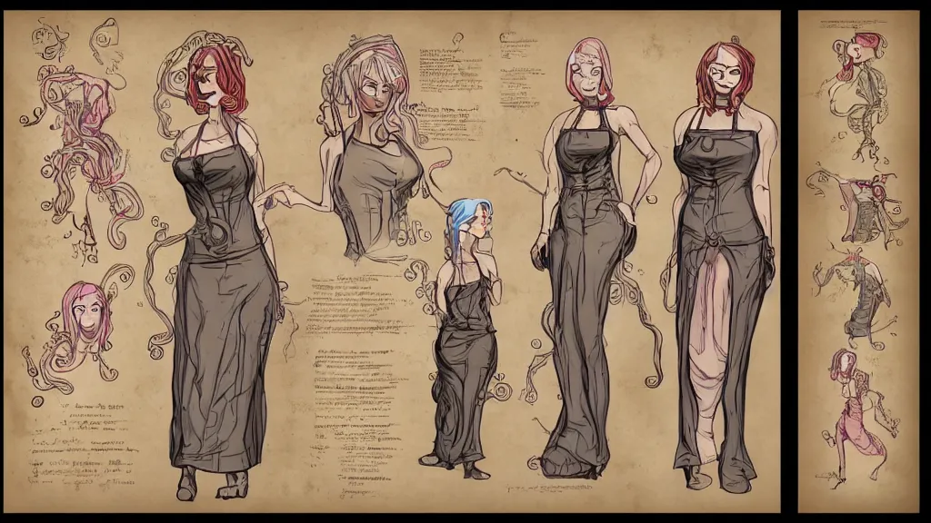 Image similar to aged paper, colorful character sheet for a stocky alien extraterrestrial female servant maid with thick snake - like tentacles instead of hair, long dress with apron, retrofuture, 7 0 s science fiction, coherent, illustration, digital art, trending on artstation, hd, 8 k, good lighting, beautiful, rough paper, masterpiece