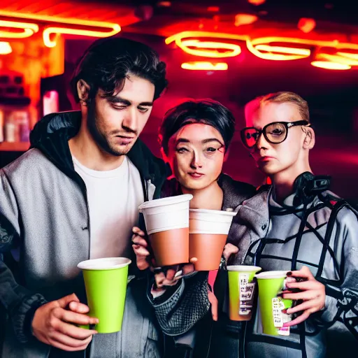 Image similar to photograph of retro techwear people holding solo cups loitering near the bar of a busy rundown nightclub, retrofuturism, brutalism, cyberpunk, sigma 85mm f/1.4, 35mm, 4k, depth of field, high resolution, 4k, 8k, hd, highly detailed, full color