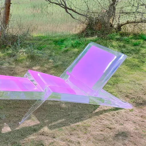 Image similar to a pastel coloured Polaroid photo of a sun lounger made of transparent iridescent perspex stood centrally in a field, beams of light, nostalgic