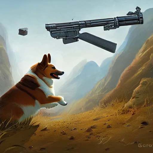 Prompt: a corgi shooting an ak 4 7 geog darrow greg rutkowski