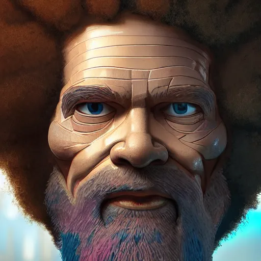 Image similar to bob ross cyborg. one eye covered with a robotic painting palette, art by artgerm and greg rutkowski and alphonse mucha, concept art, octane render, unreal engine 5, highly detailed, high quality, 8 k, soft lighting, realistic face, path traced