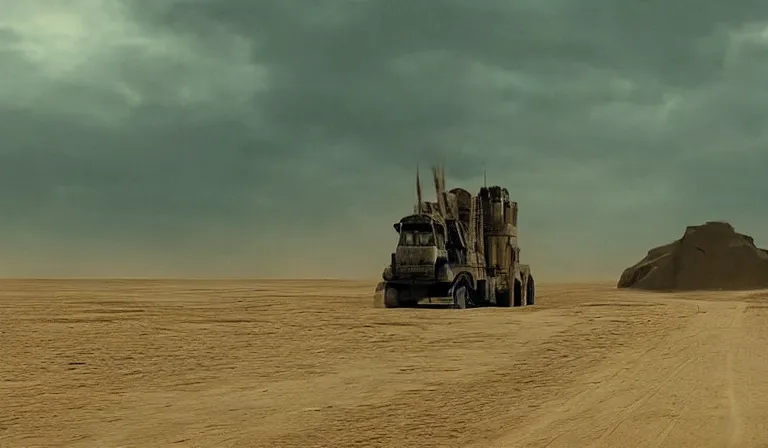 Prompt: A serene landscape with a singular building in the style of the Mad Max Fury Road movie still frame