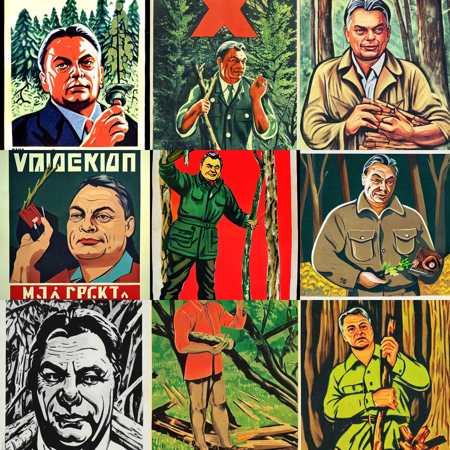 Prompt: soviet propaganda poster of viktor orban in a forest, highly detailed face, holding a wood piece, 1 9 5 0 s
