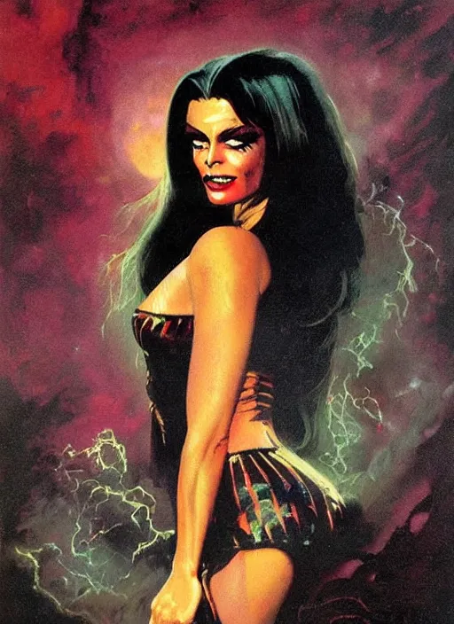 Prompt: seventies horror actress, sequinned dress, dark night, strong line, deep color, beautiful! coherent! by brom, by frank frazetta,