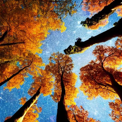 Image similar to peering upward toward a canopy of pink leaves against a starry night sky, realistic