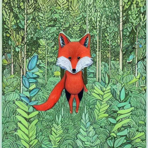 Image similar to an adventurous anthropomorphic fox walking through a lush forest, James jean