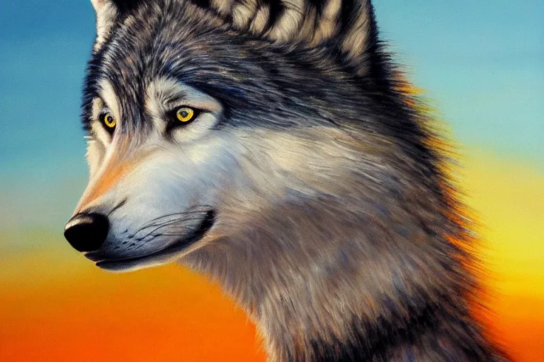 Prompt: wolf on the mountain, extremely detailed oil painting, sunset, orange gradient, 8k