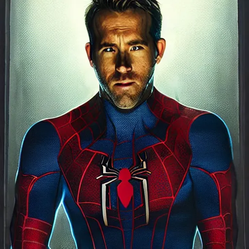 Image similar to ryan reynolds as spider - man, wearing a black and blue suit, cinematic, volumetric lighting, f 8 aperture, cinematic eastman 5 3 8 4 film, photorealistic by greg rutkowski, by stanley artgerm, by alphonse mucha