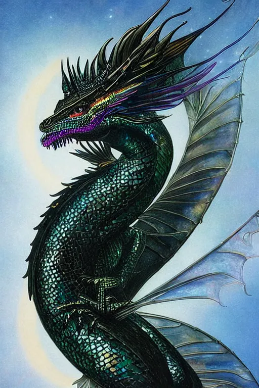 Prompt: beautiful portrait of an iridescent black dragon with the moonlight shining on its scales | bejeweled lizard | cinematic lighting | Evelyn De Morgan and John Waterhouse | pre-Raphaelites | rich colors
