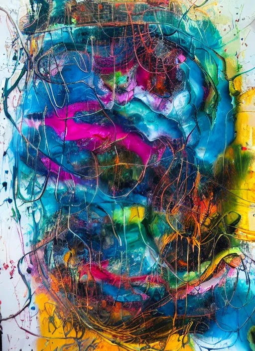 Image similar to abstract expressionism oil painting intertwined with a mutant biomorphic biological human structure, spray paint texture, drips, impasto paint, 3 d graffiti texture, brushstrokes, abstract, highly detailed, hyperealistic fresh paint, harmonious, chaotic, colorful, in the style of francis bacon