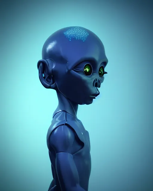 Prompt: humanoid alien child with stars in eyes, 3 d render, real engine, dark mysterious foggy blue atmospheric award winning render by beeple