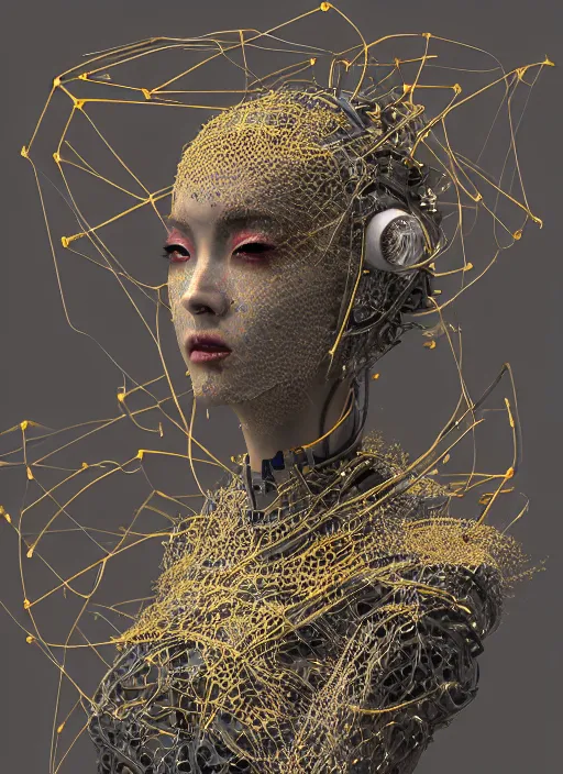 Image similar to portrait of a futuristic geisha cyborg, made from million point clouds, in the style of ghost in the shell, kintsugi, modern fine art, fractal, intricate, elegant, highly detailed, digital photography, subsurface scattering, by jheronimus bosch and klimmt and greg rutkowski,