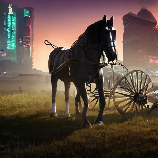 Image similar to Amish man horse cart. Cyberpunk 2077. CP2077. 3840 x 2160