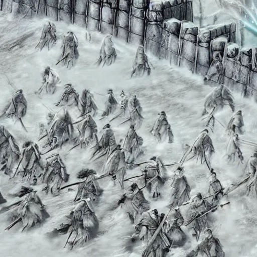 Image similar to White Walkers roam beyond the wall on a snowy night approaching The Wall, detailed, realistic, intricate, award winning photo in the style of Avatar The Last Airbender