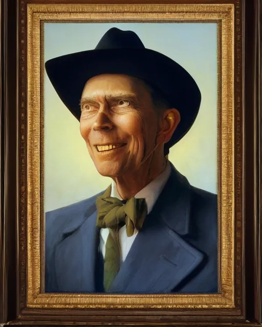 Prompt: portrait, Hank Williams Sr wearing hat, smiling, impasto, Jean-Leon Gerome, chuck close:7, carl spitzweg:7, cinematic light, full face, symmetrical face