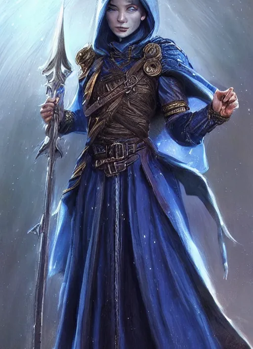 Image similar to dark blue cloak female priest, ultra detailed fantasy, dndbeyond, bright, colourful, realistic, dnd character portrait, full body, pathfinder, pinterest, art by ralph horsley, dnd, rpg, lotr game design fanart by concept art, behance hd, artstation, deviantart, hdr render in unreal engine 5